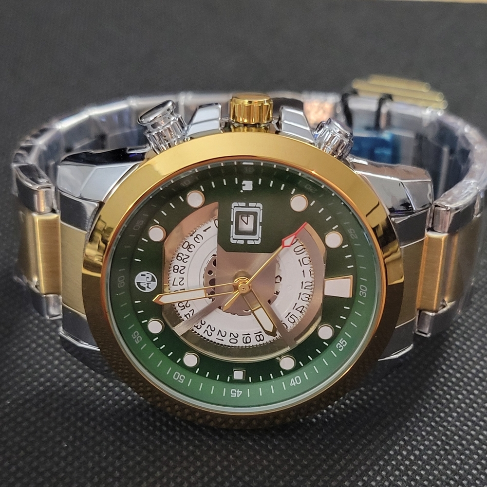 Men's Two-Tone Gold & Silver Watch with Green Dial